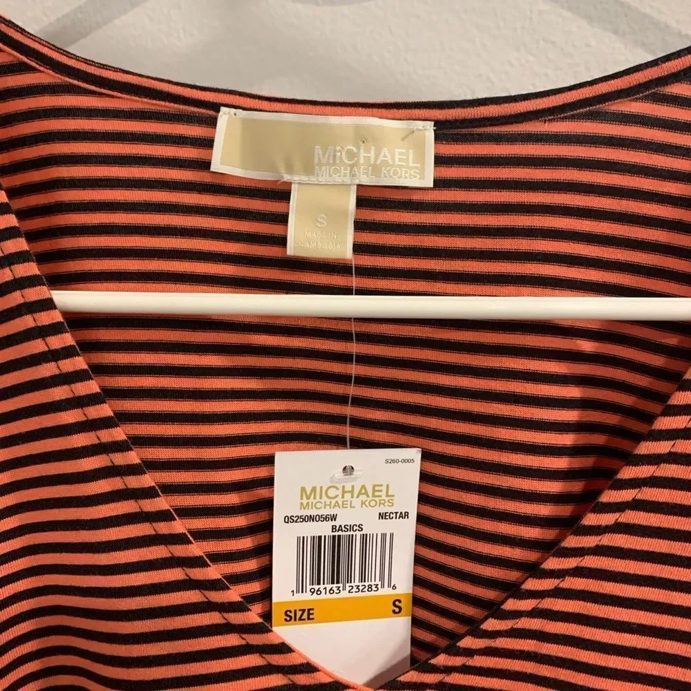 Michael Kors Salmon and Black Striped V-Neck Tee